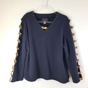 ASHRO black leopard bling jeweled ladder cut out sleeve popover sweatshirt